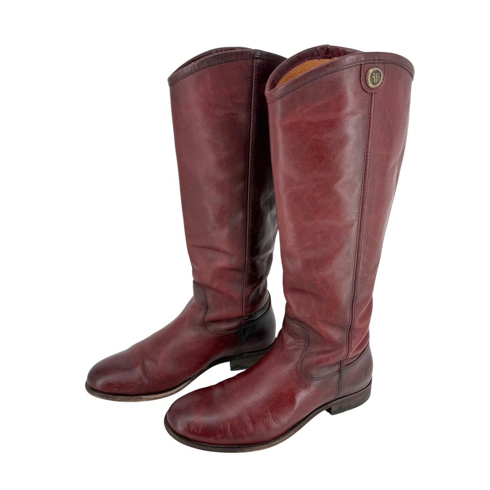 Frye Melissa Button Tall Riding Knee High Boots Red Leather Size 8.5 Pull on